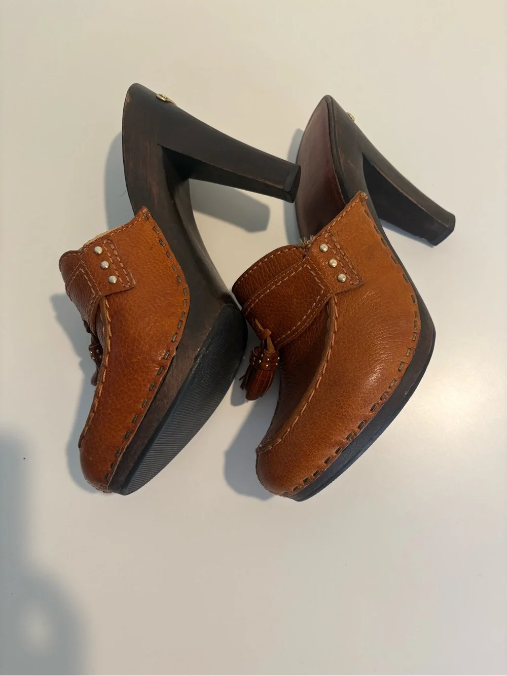 Michael Kors Brown Leather Tassel Mule Clogs Wooden Heel Size 7M